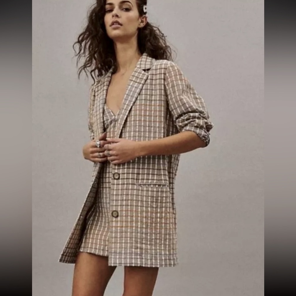 Free People Plaid Blazer Jacket in Beige and White